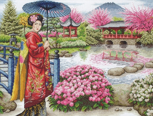 Bordado en punto de cruz de Geisha en jardín japonés de Anchor