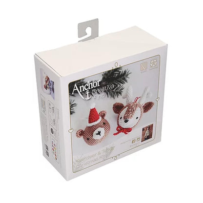 Caja empaquetado Kit de crochet de dos adorables cabezas de reno y osito de navidad de Anchor