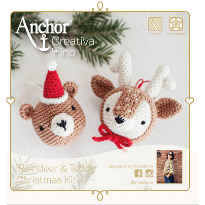 Información Kit de crochet de dos adorables cabezas de reno y osito de navidad de Anchor