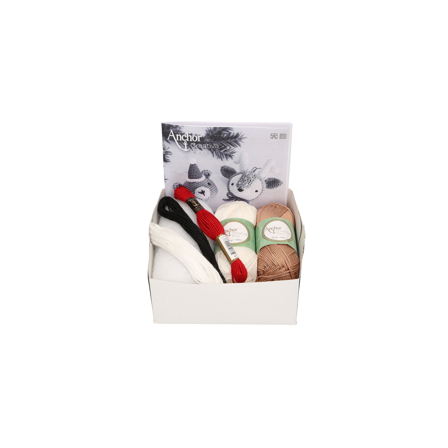 Caja con ovillos y hilos de Kit de crochet de dos adorables cabezas de reno y osito de navidad de Anchor