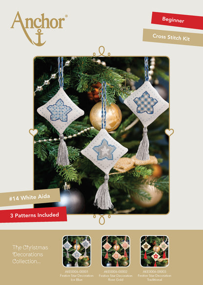 Información Set de 3 adornos navideños en punto de cruz en forma de estrella azul para árbol de navidad de Anchor