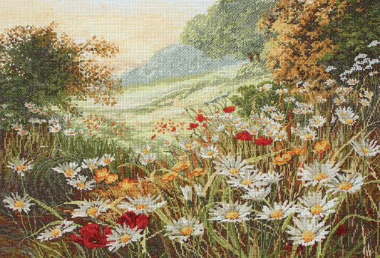 Bordado en punto de cruz de campo con flores, margaritas, poppy field de Anchor